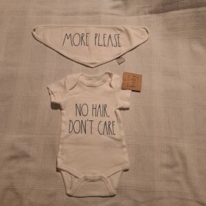 Rae Dunn baby 0-3 months bodysuit new, dribble bib preowned